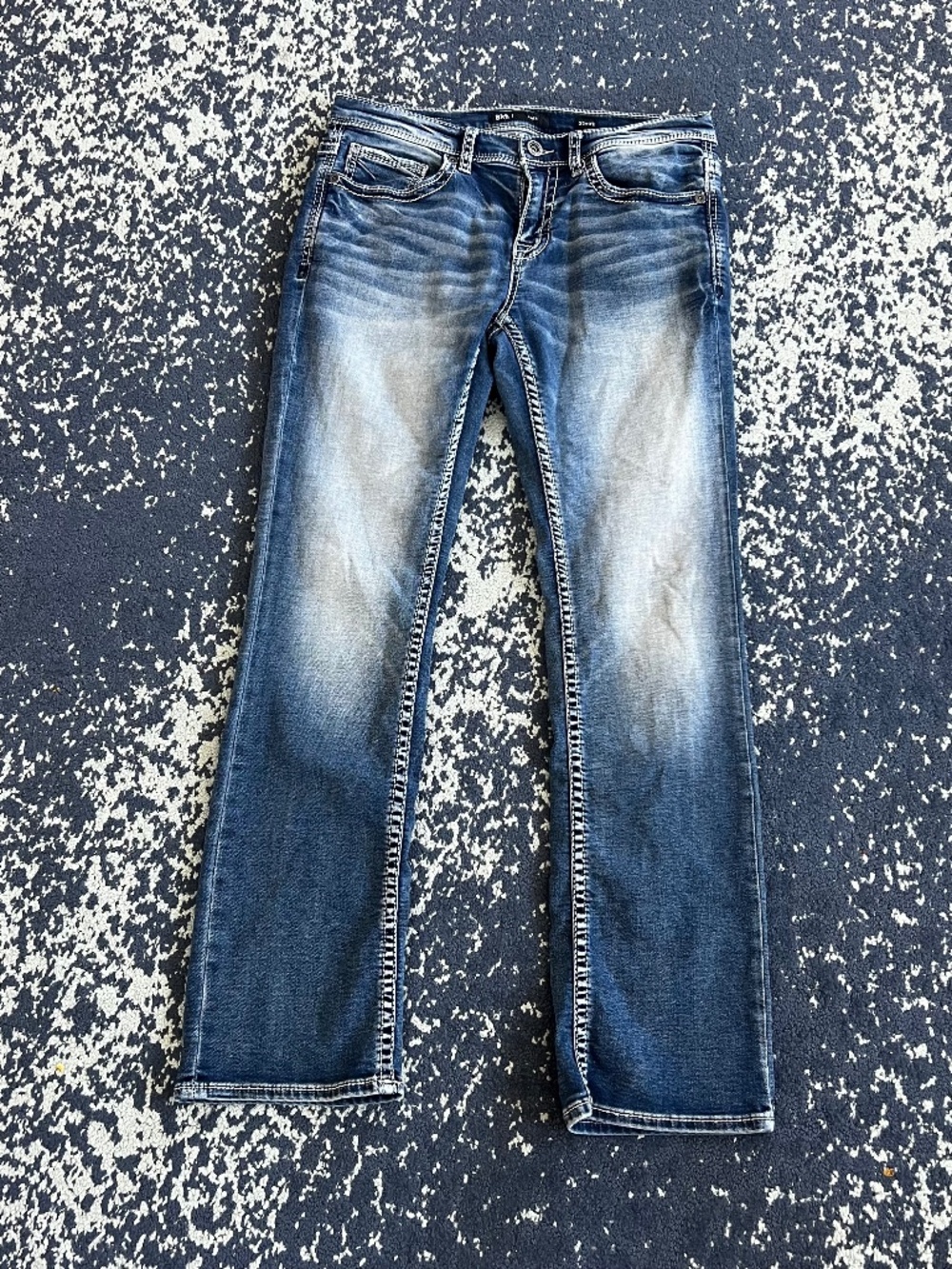 BKE Buckle Aiden Jeans Mens 32x32 Western Blue Wash White Trim Stretch Faded Y2K